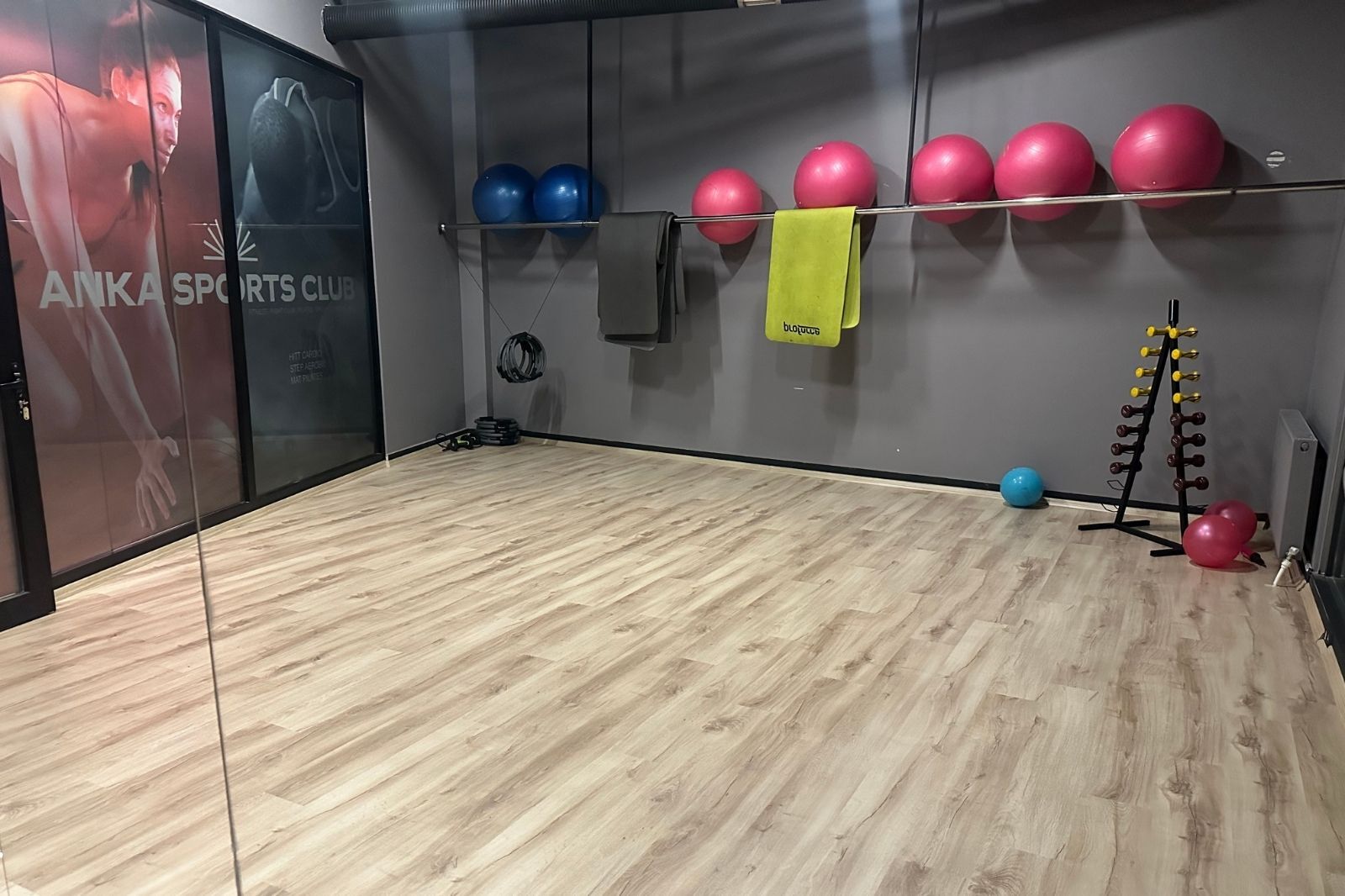 Pilates toplarının olduğu grup ders stüdyosu